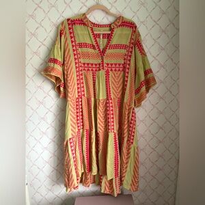 Anthropologie Uncle Frank Pink & Lime Geometric V-Neck dress